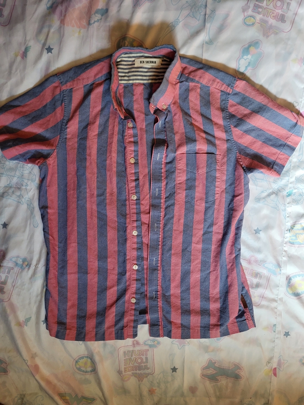 Ben Sherman Pink and Blue Vertical Stripe Short Sleeve Shirt Small 90s